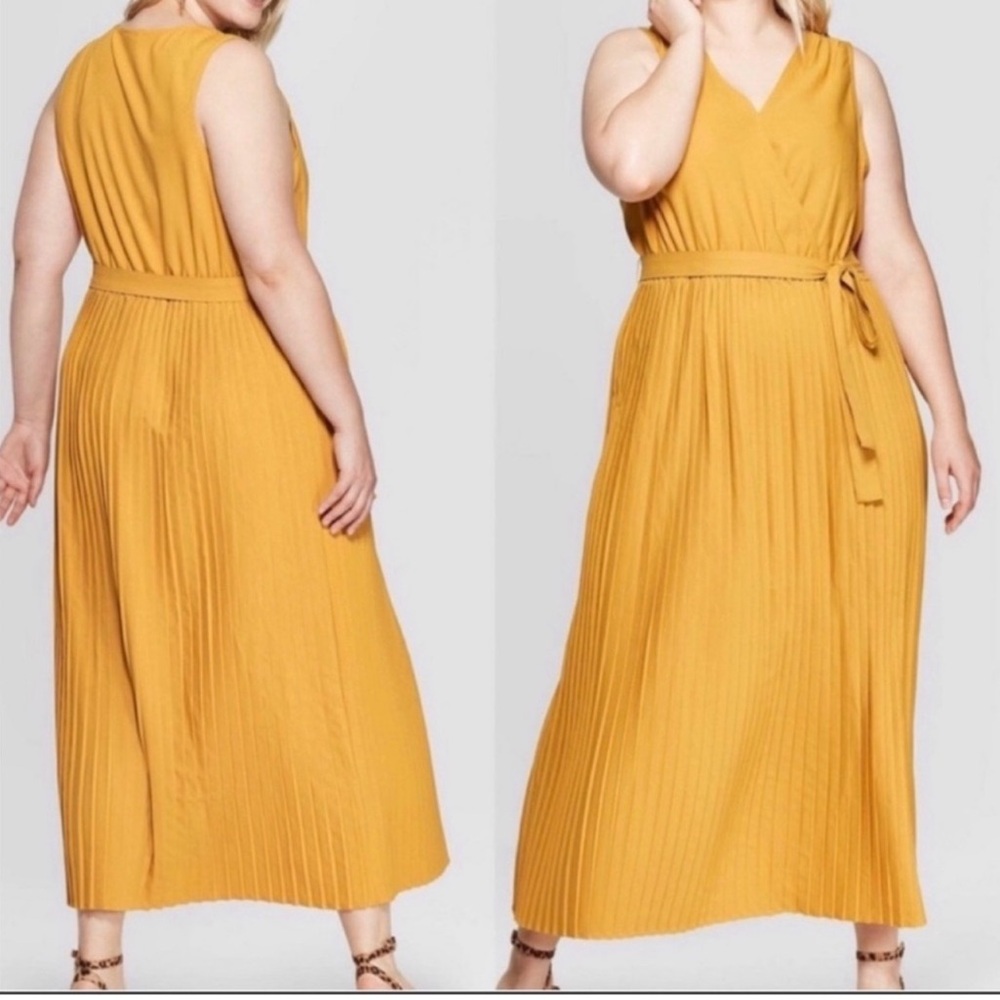 Ava & Viv Sleeveless V-Neck Pleated Maxi Dress in Mustard Yellow